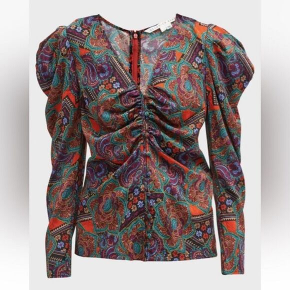 Veronica Beard Simmons‎ Silk-Blend Puff-Sleeve Ruched Blouse Women's 4  - Small - Picture 4 of 12